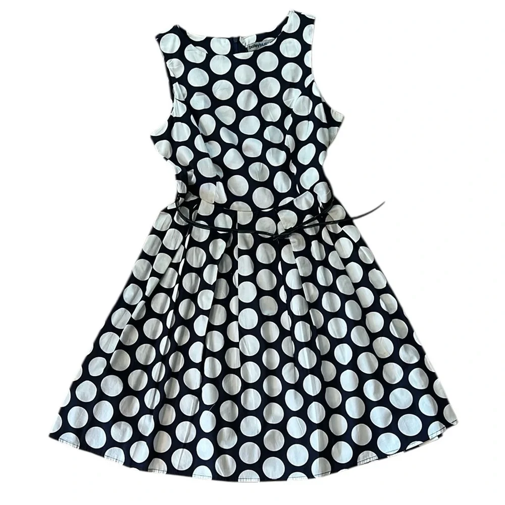 Bailey Blue Polka Dot Belted Fit and Flare Dark Navy w/ White Dress Size M